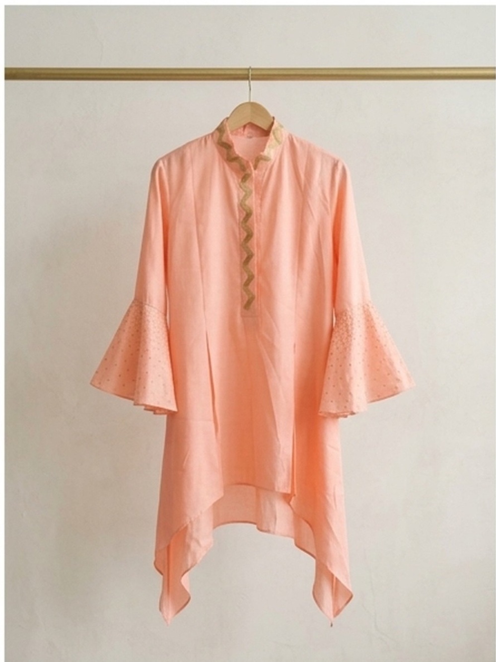 Peach Bell-Sleeve Tunic with Gold Trim